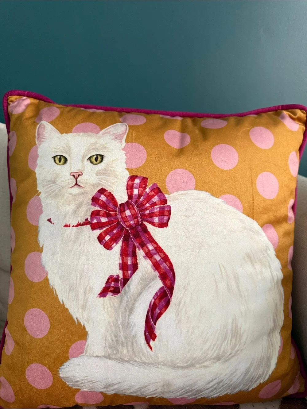 Anthropologie Coquette White Cat Velvet Pillow